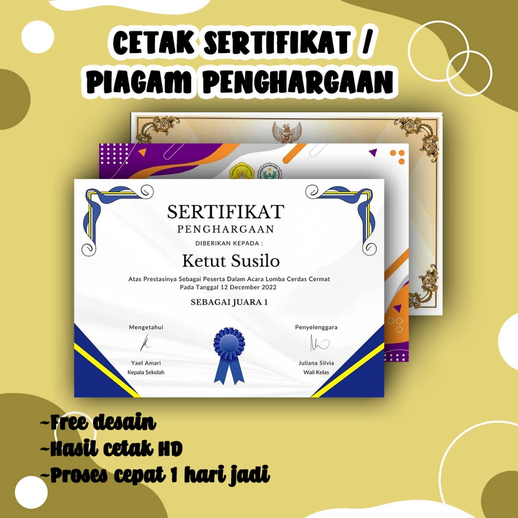 

Cetak Sertifikat / piagam penghargaan tanpa minimal order