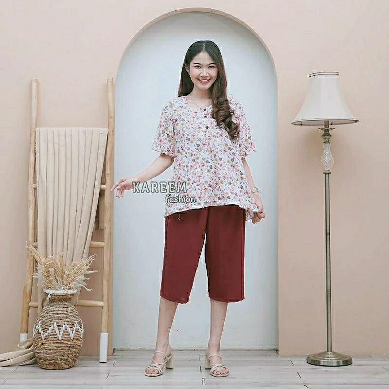 Setelan Crinkle Motif Bunga Ld 110//setelan baju motif bunga