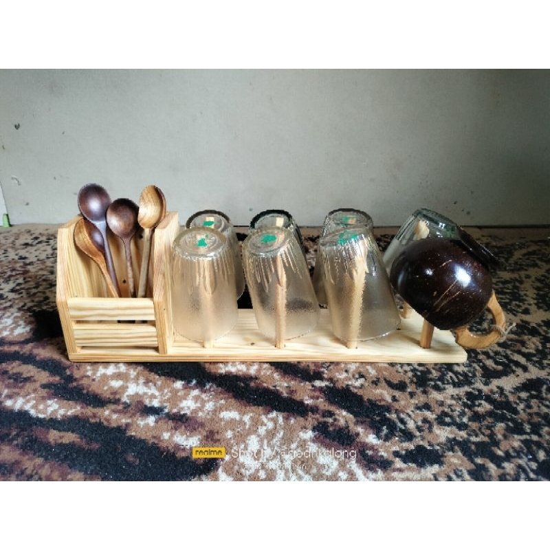 Rak Gelas & Sendok Kayu Aesthetic | 8 Tiang Gelas