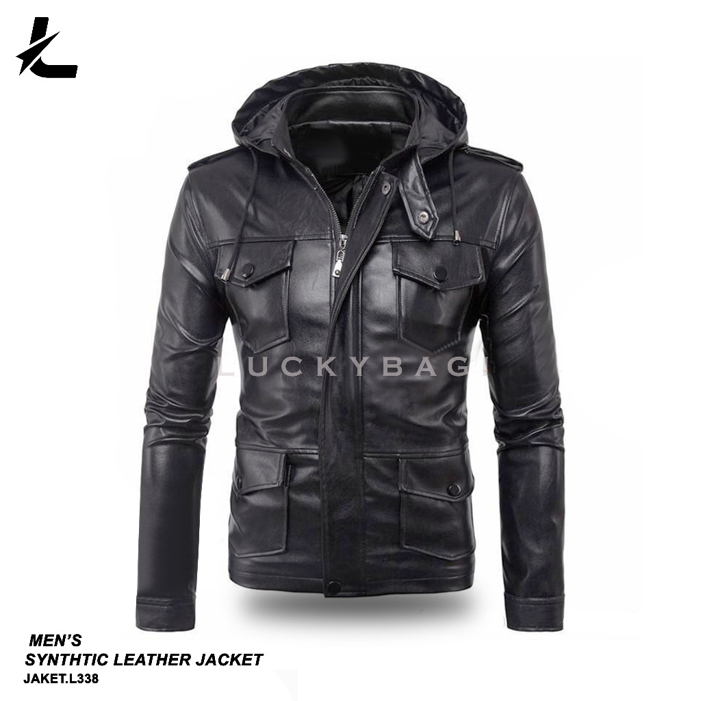 Jaket Kulit Pria Kulit Sintetis Hoodie Jaket Kulit Hoodie