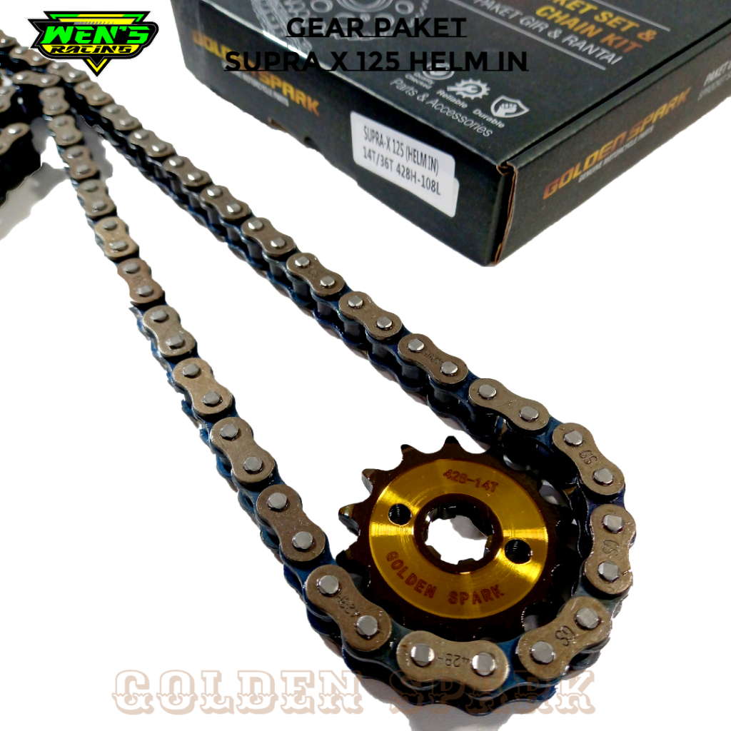GEAR SET SUPRA X 125 HELM IN 428H-108L 14T/36T GOLDEN SPARK GIR PAKET SUPRA X 125 (HELM IN) GIR PAKE