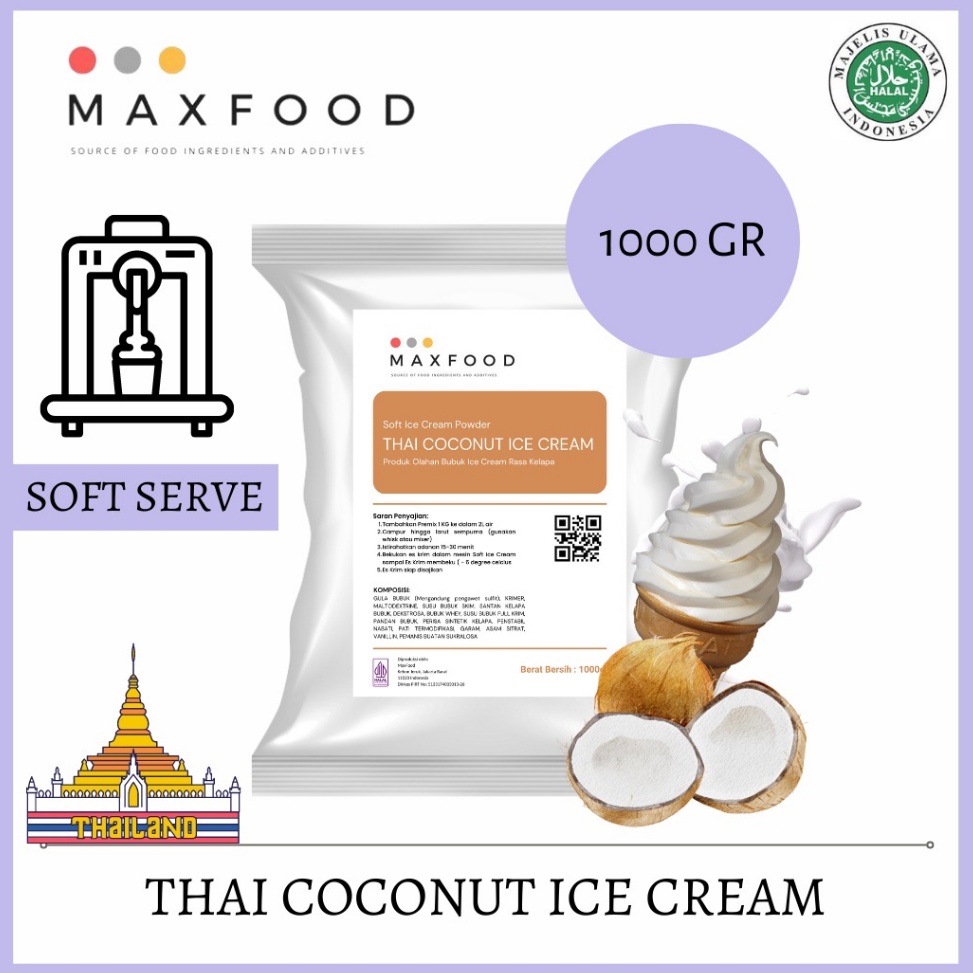 

PAKET LENGKAP MAXFOOD Soft Thai Coconut Ice Cream Powder Bubuk Soft Es Krim Rasa Kelapa 1 KG
