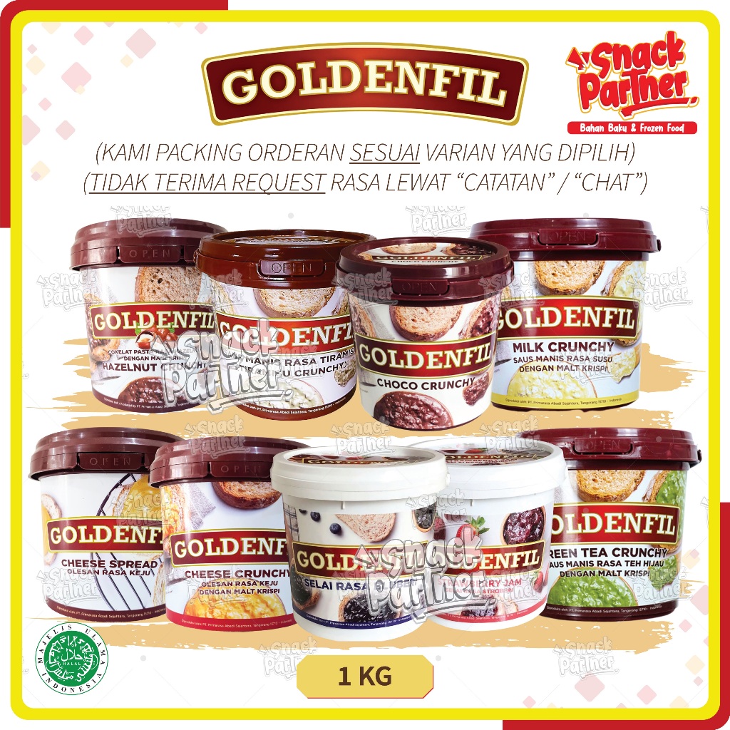 

GOLDENFIL Selai Crunchy / Spread Varian Rasa 1 KG - Choco Hazelnut Green Tea Cheese Keju Milk Blueberry Strawberry Tiramisu - Olesan Roti Kue Donut Pisang