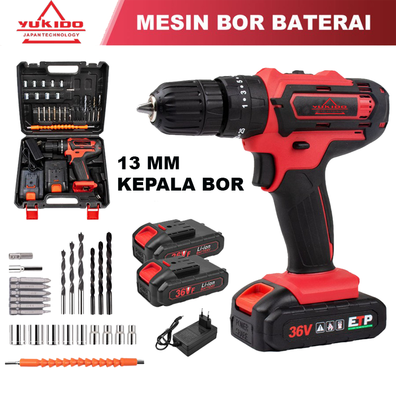 Mesin Bor Cordless 13mm Bor Baterai Tanpa Kabel 36V Yukido Japan Technology