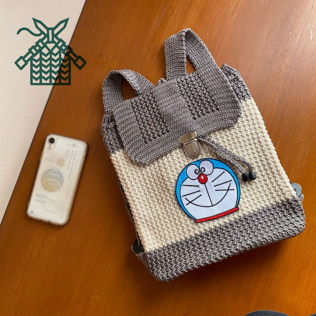 Tas gendong rajut karakter doraemon / tas punggung rajutan anak / tas anak rajut