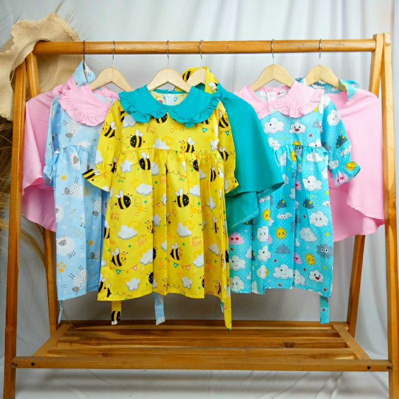 Set Gamis + Jilbab Anak Motif Model Kerah Rebah Bahan Katun Usia 1-4 tahun