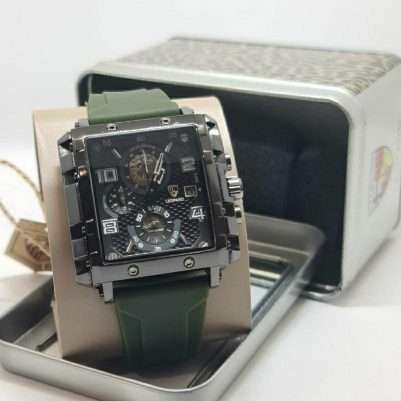 Jam tangan pria LEOPARD LP-8826 Tali Karet Green Chrono aktif Original