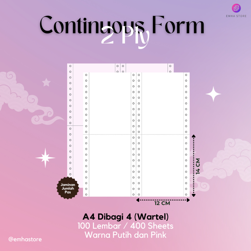 

Kertas Continuous Form Struk PPOB PLN A4 Dibagi 4 Wartel 2 Ply 100 Lembar