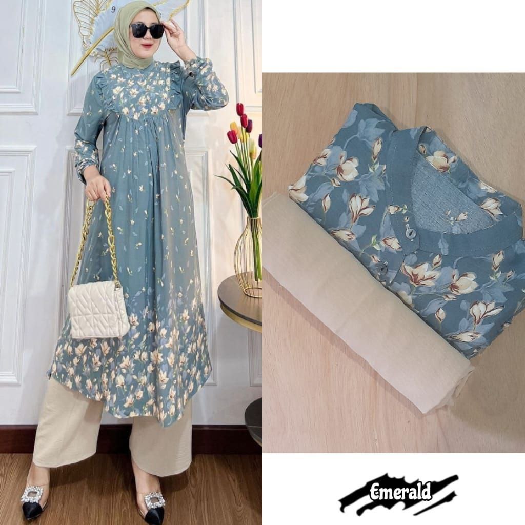 Aurey - oneset long tunik wanita namira setelan tunik panjang rayon busui setelan celana lengan panj