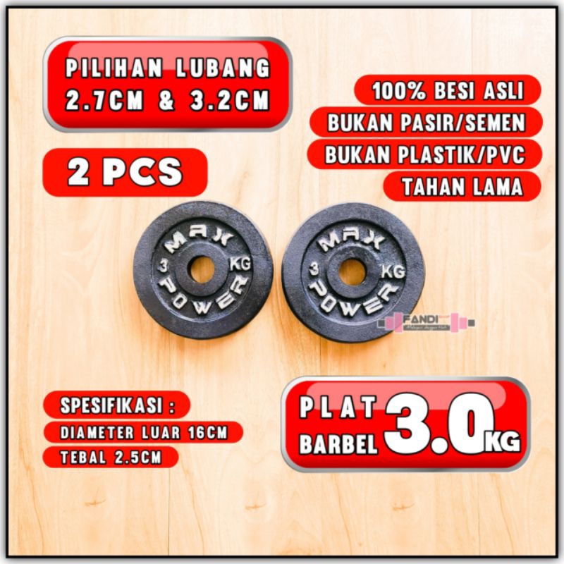 Plat Beban Barbel 3 Kg 2 Pcs Besi Cor Lubang 2.7 cm atau 3.2 cm untuk Latihan Angkat Beban