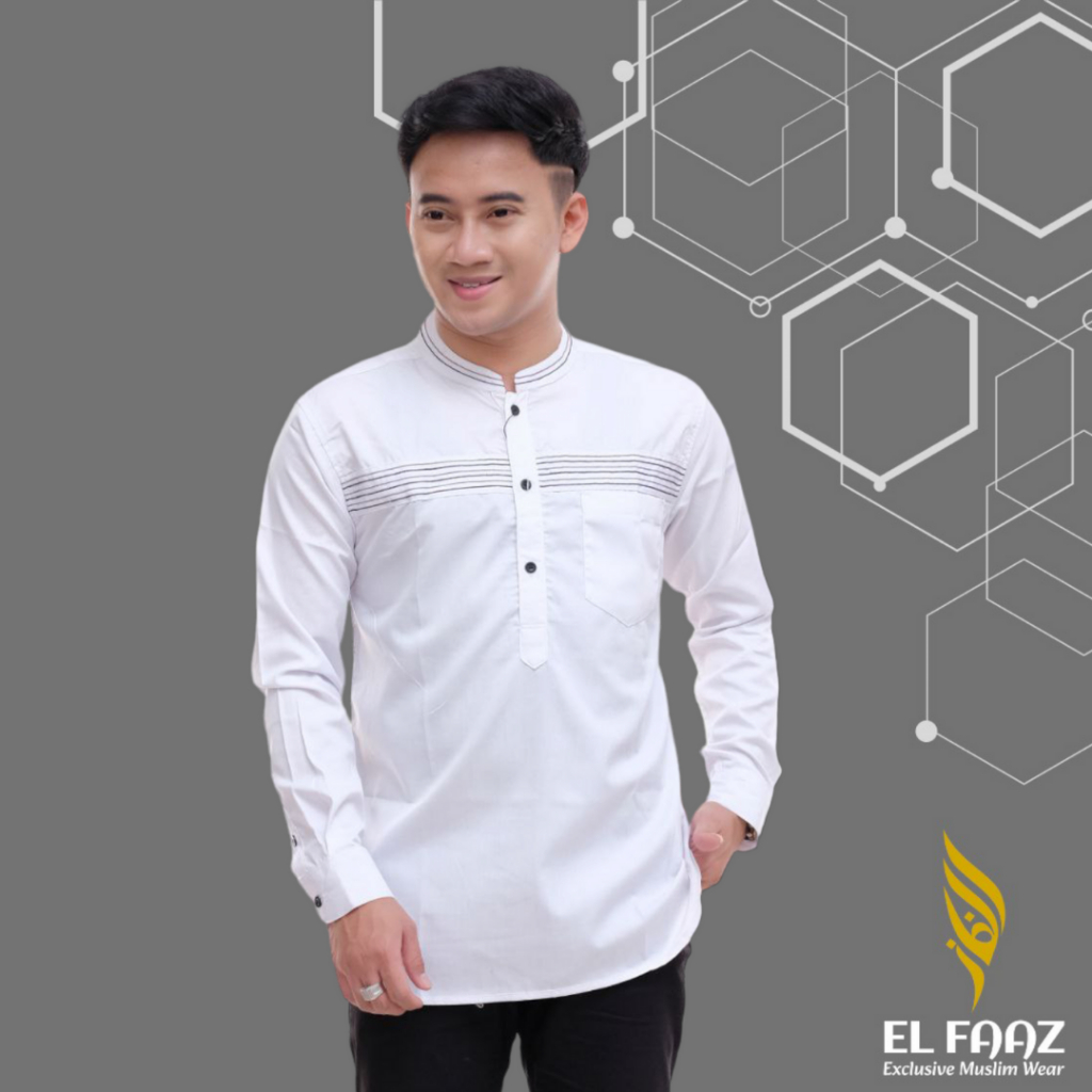 Baju Kemeja Koko Muslim Pria Motif MH Benang Lengan Panjang Kasual Terbaru Koko Putih By El Faaz