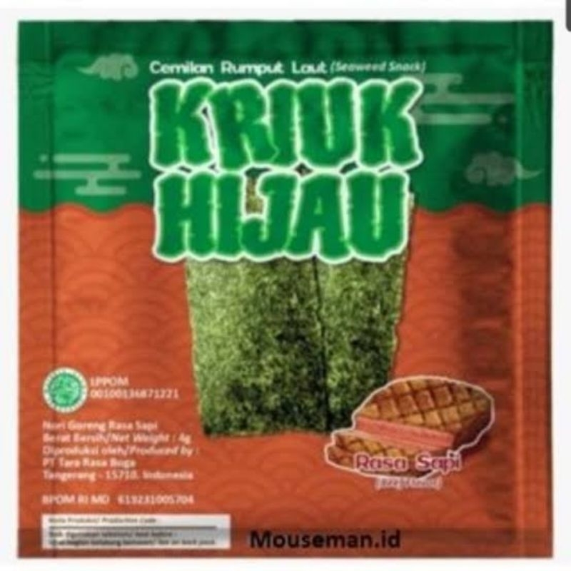 

KRIUK HIJAU CAMILAN RUMPUT LAUT RASA SAPI 1 BOX ISI 12 SACHET