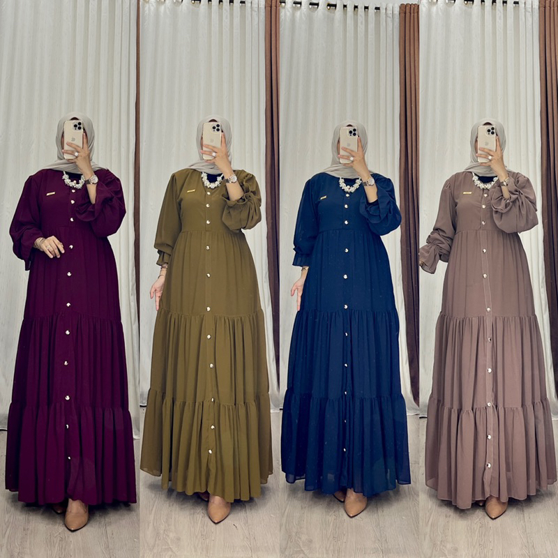Gamis Celine dress.Ld110,bahan ceruty babydoll busui friendly kancing