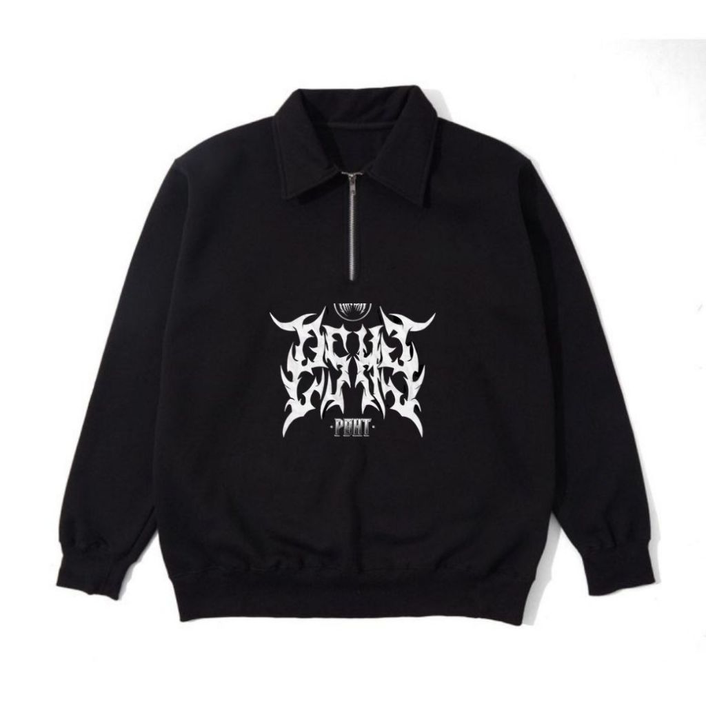 PSHT - Jaket Rugby Halfzip Pria & Wanita Metal PSHT Unisex Casual Sweater Hitam Warna Simple Cotton 