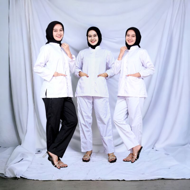 baju ok lengan panjang putih jumbo full kancing seragam perawat jaga medis