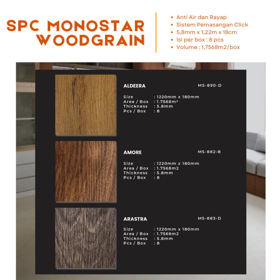 SPC FLOORING - Lantai SPC MONOSTAR WOODGRAIN Tebal 5,8mm - Anti Rayap