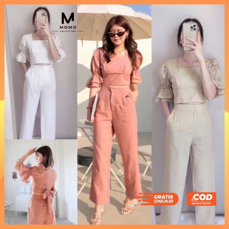 Setelan Baju Crop Top Celana Panjang Veronica One Set Bahan Crepe Polos