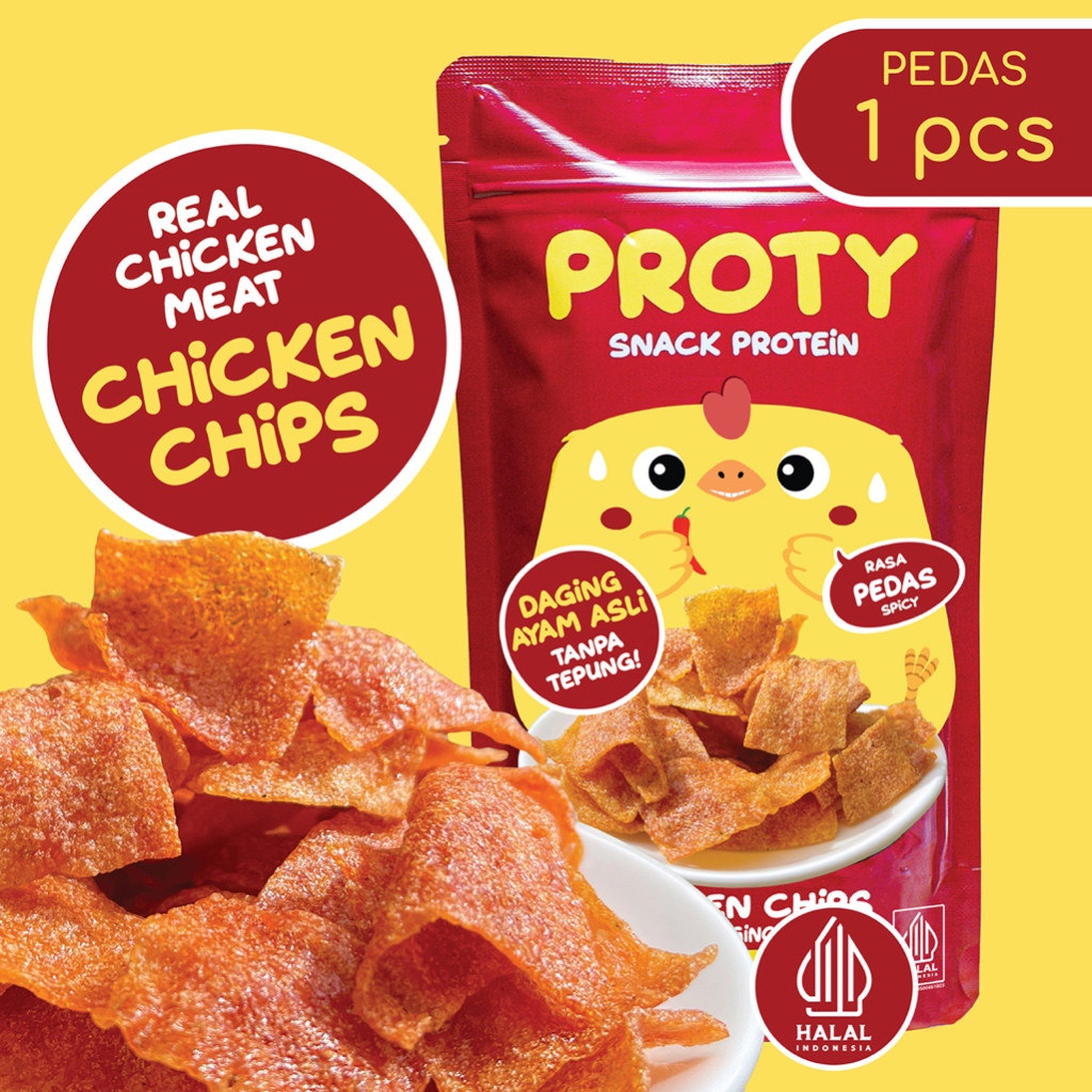 

PROTY Chicken Chips Pedas (1 pcs) - Keripik Daging Ayam Krispi - Snack Cemilan Tinggi Protein