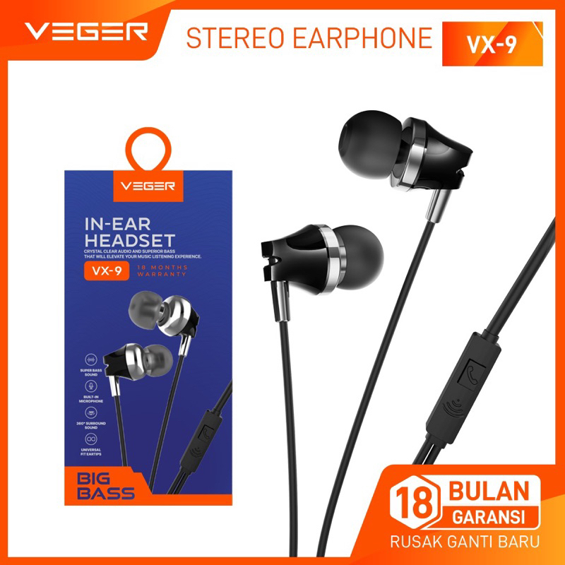 Headset VEGER VX-9/ headset handsfree earphone VEGER VX-9 extra bass with MIC ORIGINAL GARANSI