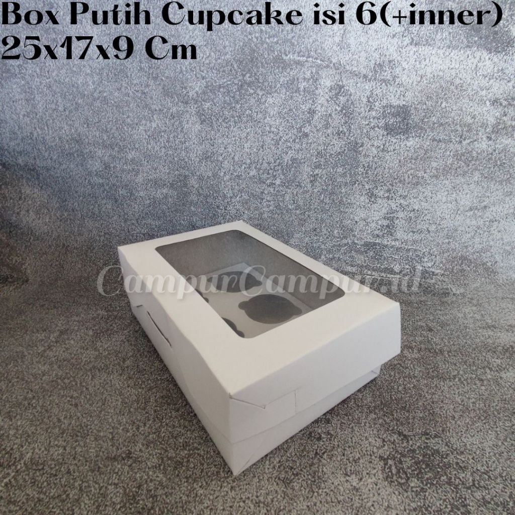 

Box Cupcake Putih Isi 6 Bahan Duplex Full Coated+Inner Sekat 6 Ukuran 25x17x9 Kotak Kue Pudding Pie Muffin