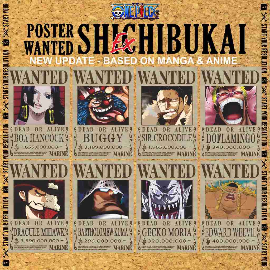 Poster Anime & Manga Wanted One Piece Bounty Ouka Shichibukai / Boa Hancock / Buggy / Crocodile / Do