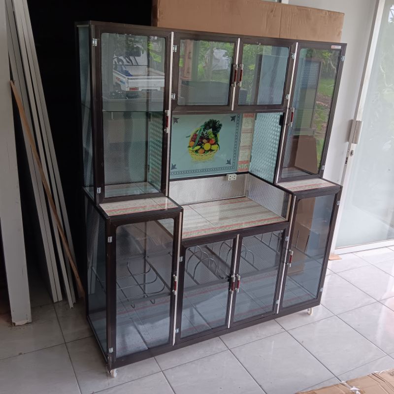 Rak Dapur / Rak Piring / Lemari Dapur Alumunium Jumbo Coklat Kaca Riben