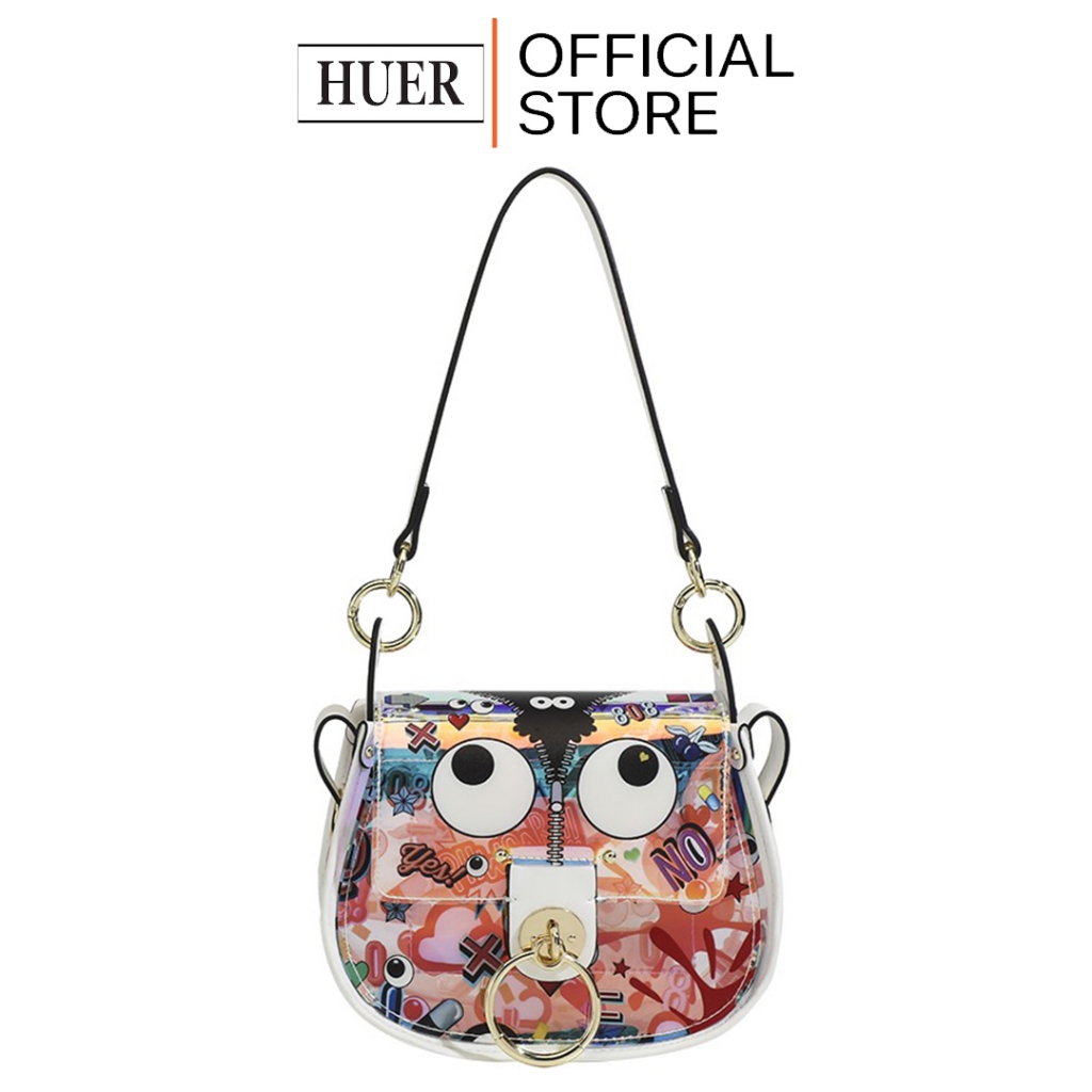 HUER ~ Tas Wanita Jewy Eye Theme Printed Hologram Saddle Bag 9454-339White