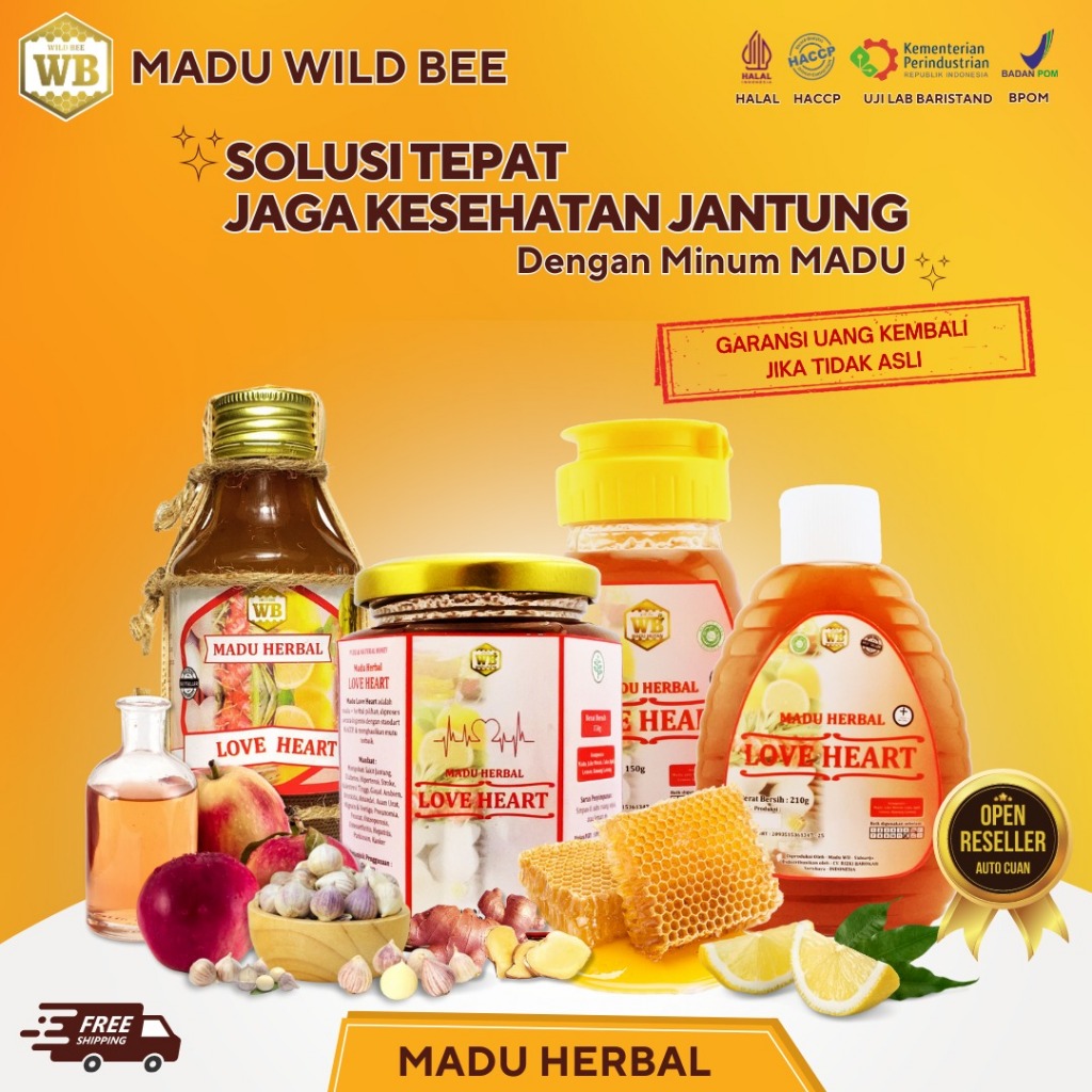 

Madu LOVE HEART Herbal Bawang Tunggal, Lemon, Cuka Apel, Jahe Merah 100% Madu Murni Wild Bee