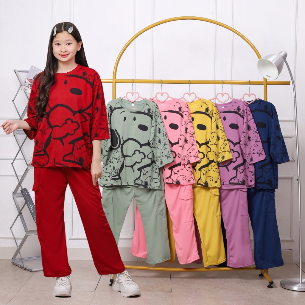 Setelan Cargo Anak Perempuan Usia 4-12 Tahun Bahan Vista Terry Motif Fullprint