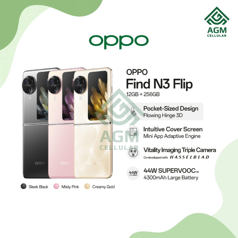 HANDPHONE OPPO FIND N3 FLIP RAM 12GB/256GB (Sleek Black, Misty Pink, Creamy Gold)