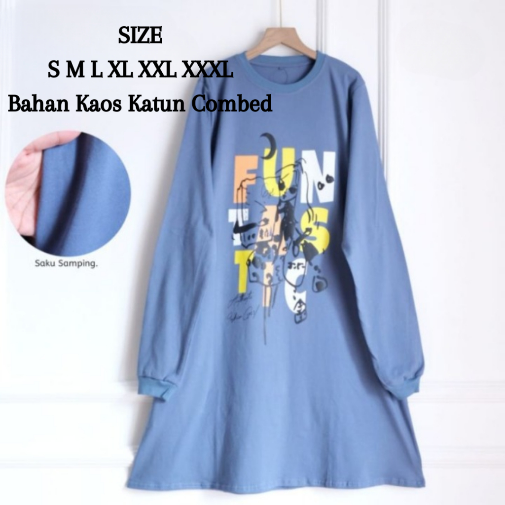 Baju Tunik Kaos Oversize Bahama Tunik BO Kaos Katun Combed Apk Sablon Baju Atasan Wanita Lengan Panj