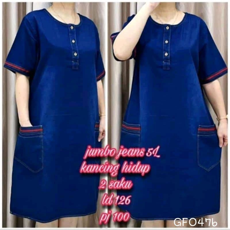 GFO476 Dress Wanita Jeans Denim Jumbo 5L LD126 pj100 kancing saku samping