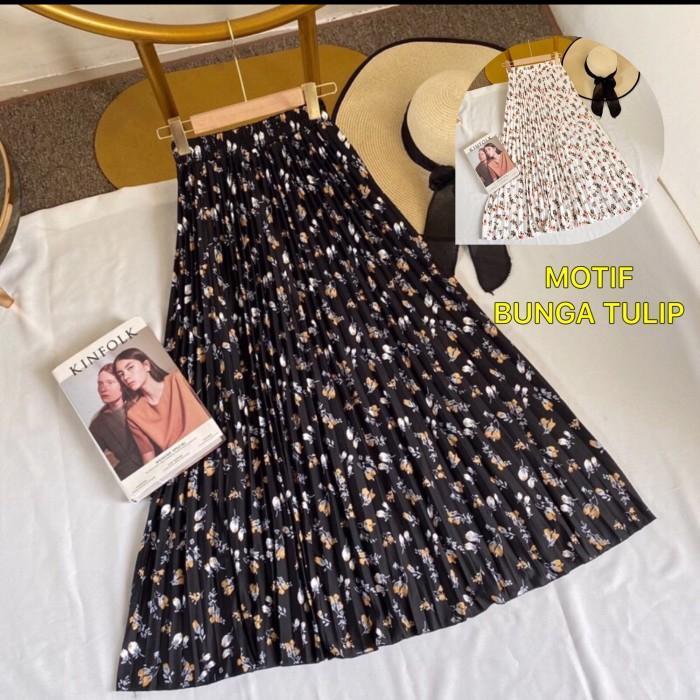 Rok Plisket Hyget Super Premium/Rok Plisket Wanita/Rok Panjang Muslim/Rok Mayung HITAM MOTIF BUNGA