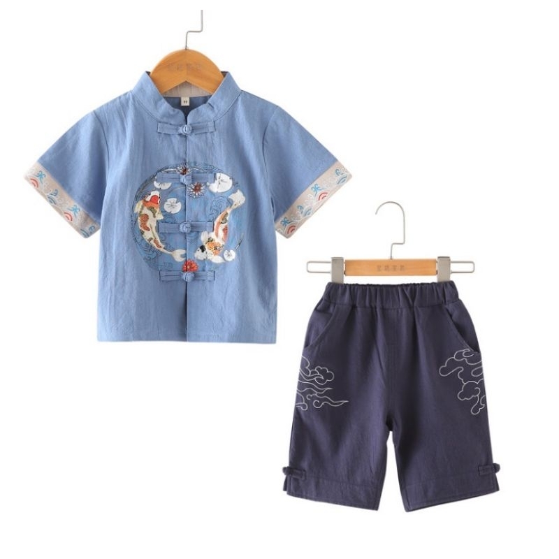 Setelan Qipao Anak Blue Lucky Fish LKB-26994A / Set Qipao Anak Laki Laki / Baju Imlek Anak Laki Laki