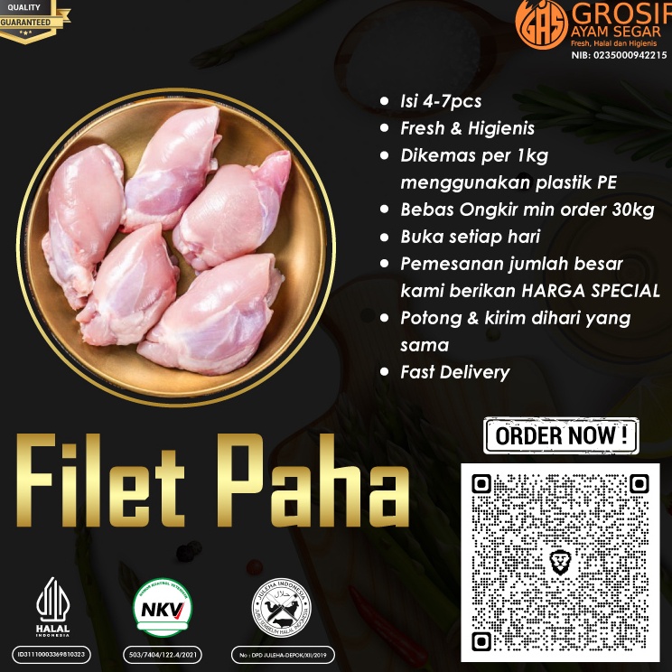 

BQGF8557 HOT Daging Ayam Paha Fillet Boneless Tanpa Kulit 1Kg