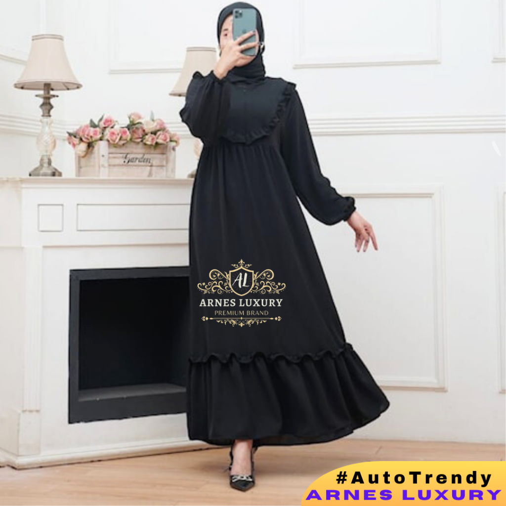 Dress Gamis Kondangan Warna Hitam Fashion Lebaran Wanita Remaja Bawah Rempel Busui Bahan Cringkle Ai