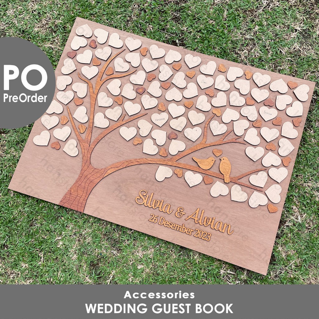 PO Wedding Guest Book 80 x 60 cm / Buku Tamu Pernikahan / Frame Pohon Hati / Wooden Tree Love Heart 