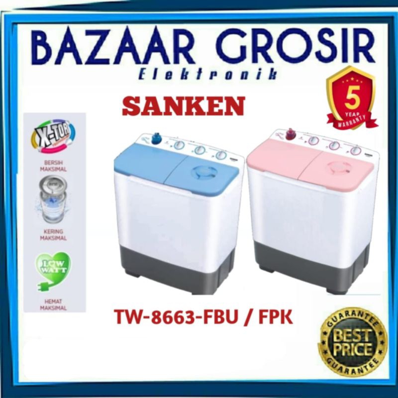 MESIN CUCI SANKEN 2 TABUNG TW 8663FBU 8 KG TW8663FBU FPK XTOR