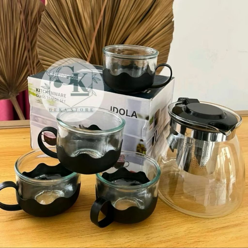 1 SET TEKO KACA UNIK ISI 5 PCS TEBAL DAN TAHAN PANAS / TEA POT CANTIK