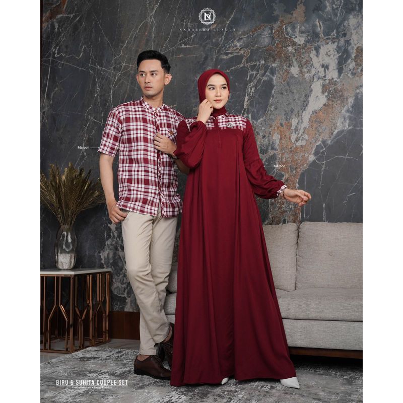 Couple set Biru Suhita by Nadheera Luxury Gamis dan Koko Pasangan Couple Baju Sarimbit Lebaran 2024