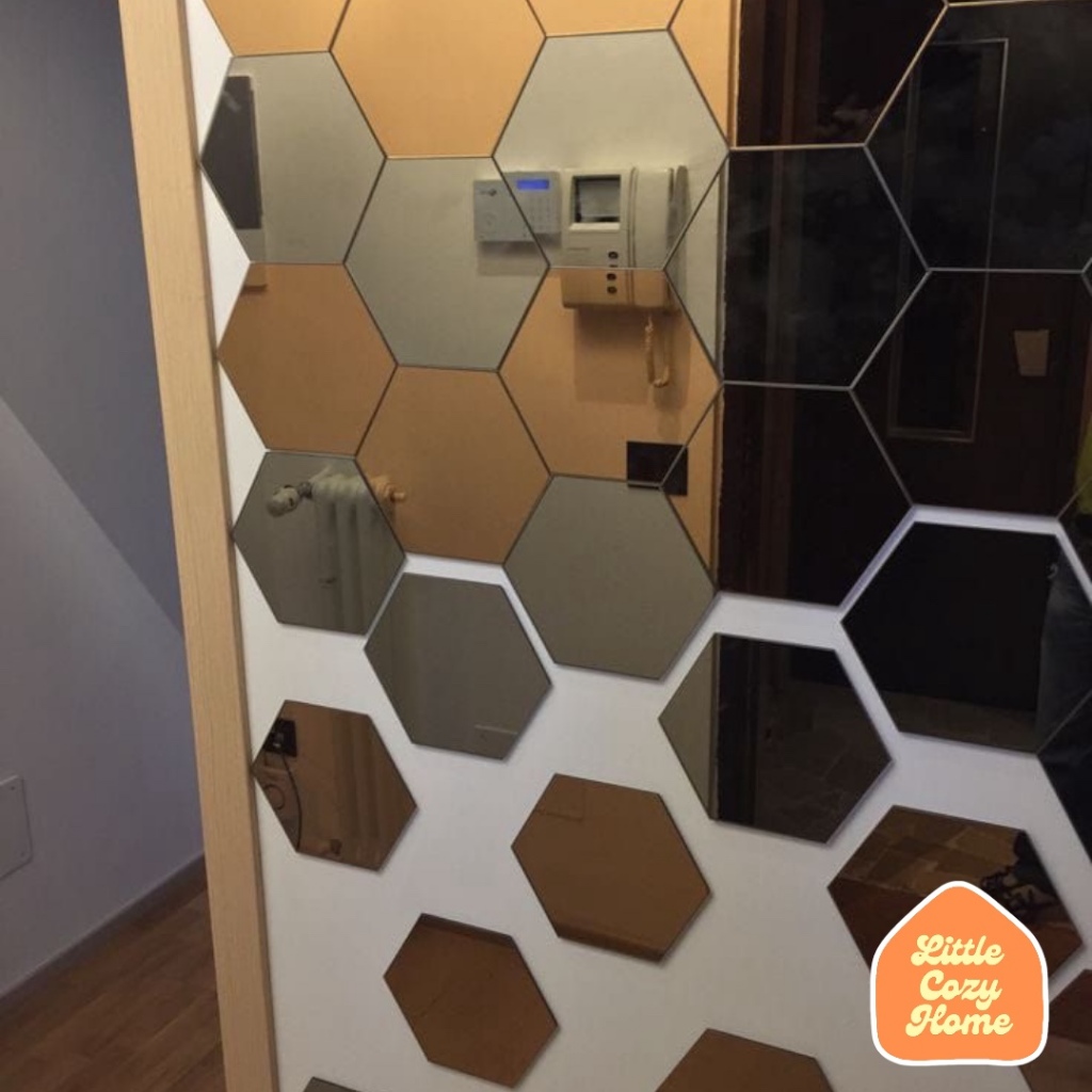 1Pcs Mirror Wall Sticker Hexagon / Stiker Wallpaper Dekorasi Design Vinyl Cermin Mirror Hexagonal Motif Honeycomb Lepas Pasang Dekor Rumah Kaca Aesthetic