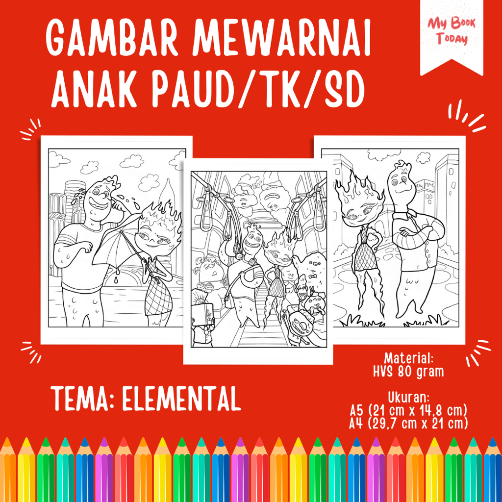 

[My Book Today] Lembar Kertas Sketsa Gambar Mewarnai untuk Anak Sekolah PAUD TK SD Tema Elemental