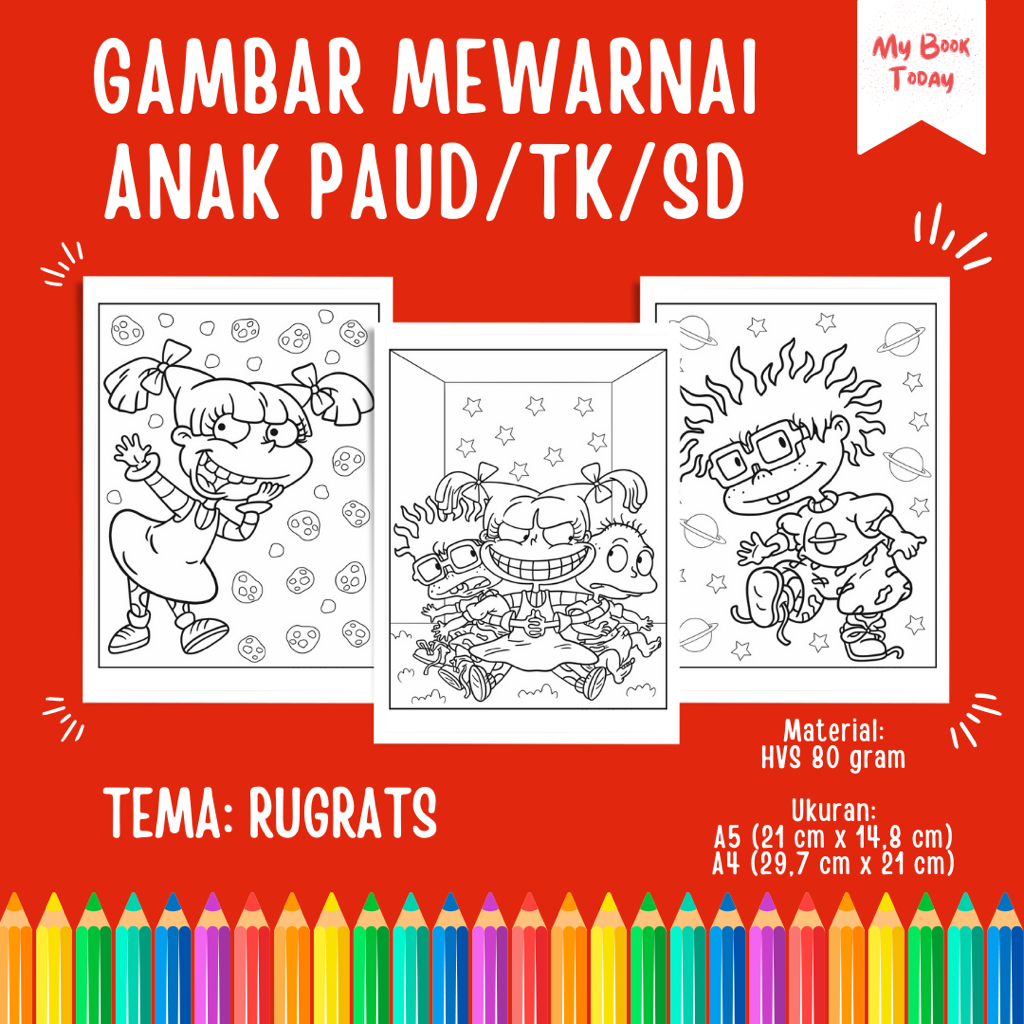 

[My Book Today] Lembar Kertas Sketsa Gambar Mewarnai untuk Anak Sekolah PAUD TK SD Tema Rugrats