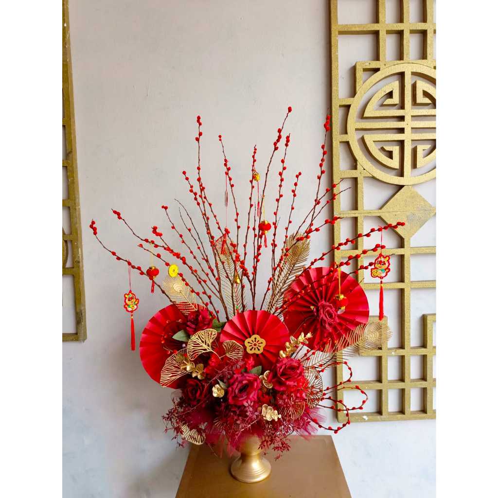 Vase imlek gold | Bunga imlek | Bunga artificial | Bunga hampers | Bunga pussy willow | Bunga anggre
