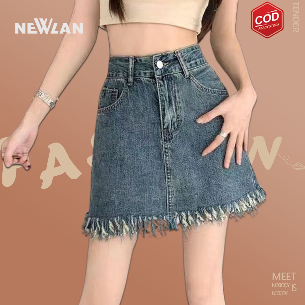 Newlan DQ021 Rok mini jeans pendek wanita line korean style ripped fashion wanit Rok jeans Highwaist