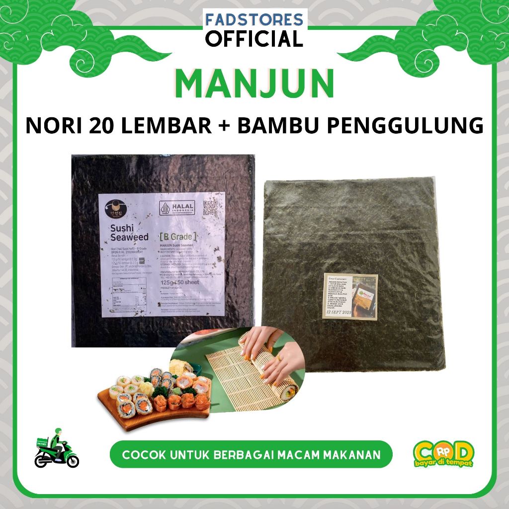 

Paket Nori Rumput Laut Manjun 20 Lembar + Bambu Penggulung Sushi - Nori Sushi Halal