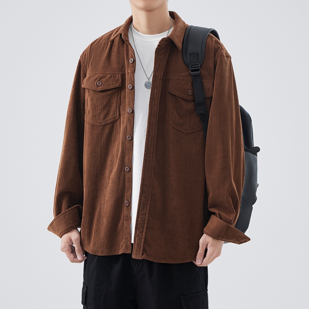 Corduroy Lengan Panjang Pria Lengan Panjang Polos Kemeja Pria Coklat Tua Coklat Kopi Corduroy Jacket