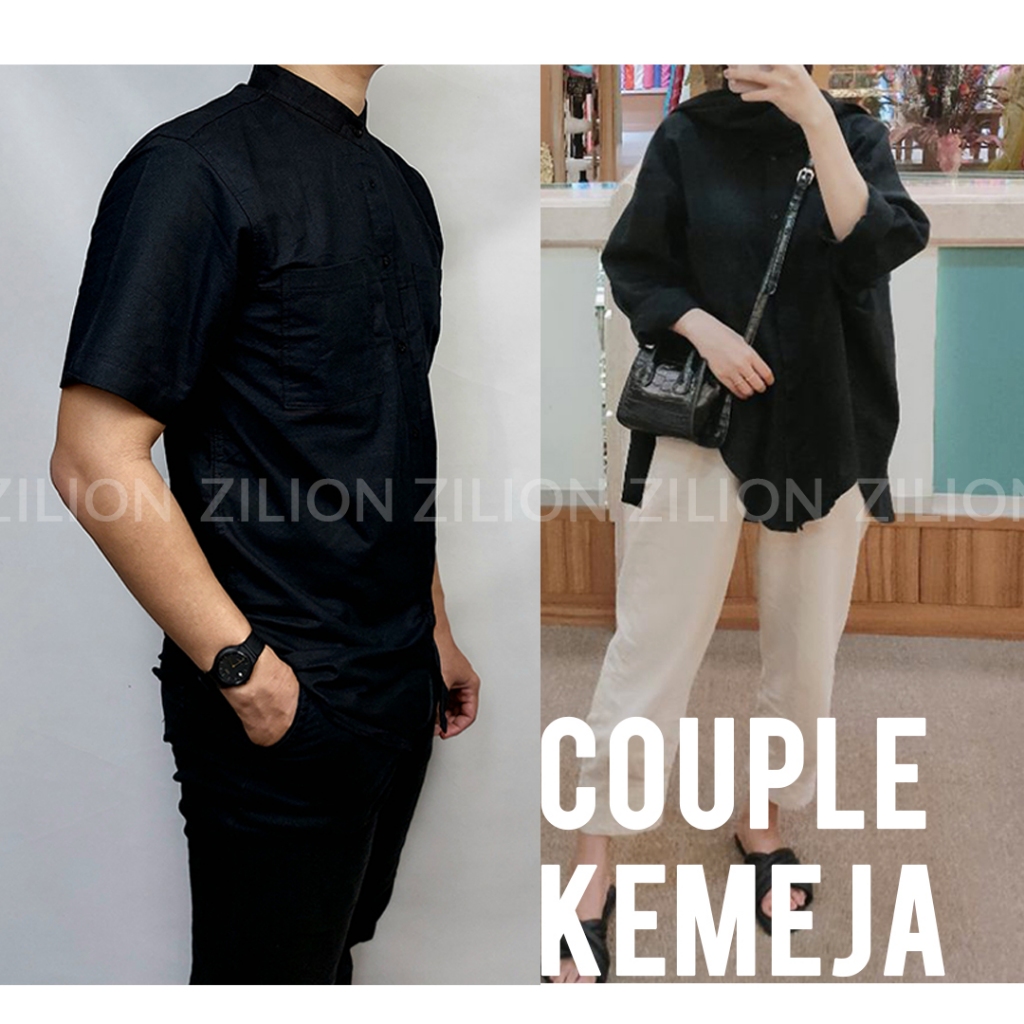 Kemeja  Baju Couple Pasangan Kondangan Polos Lebaran Kekinian SImpel Hitam Putih