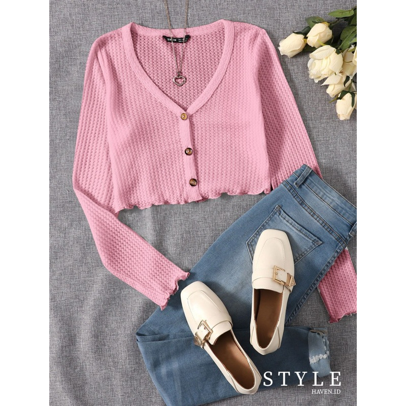 SHEIN Lettuce Edge Waffle Knit Button Up Top