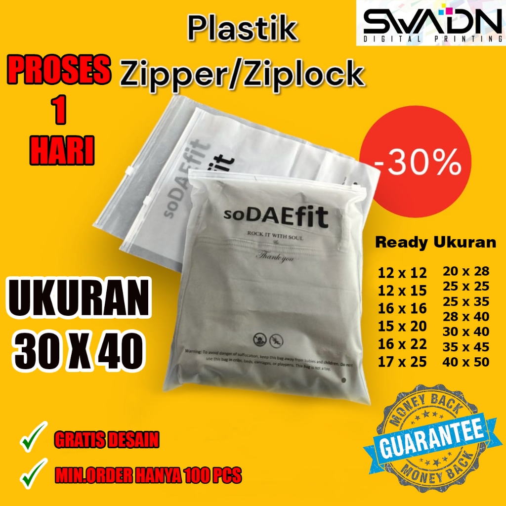 ( GRATIS DESAIN ) SABLON ZIPPER 30X40 / SABLON PLASTIK BAJU / PLASTIK KLIP / PLASTIK ZIPPER / ZIPLOC